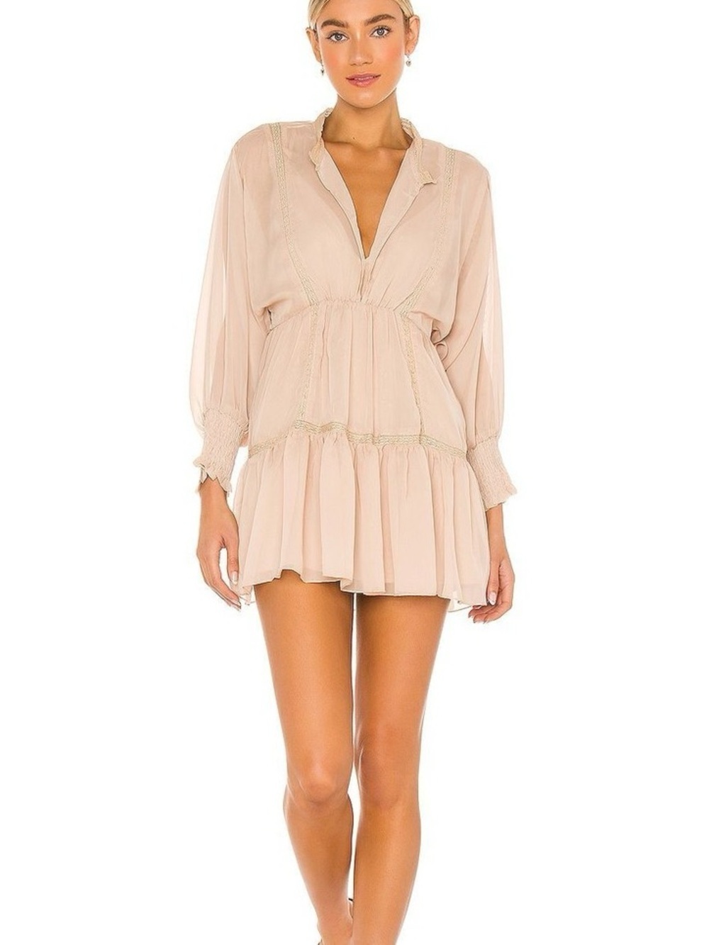 SNDYS Coco Mini Sheer Chiffon Lace Detail Dress in Sand REVOLVE